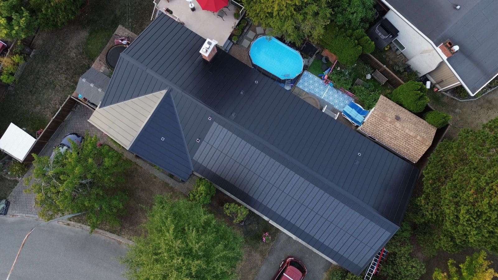 Aerial view of completed Ardra BIPV solar metal roof — Victoria, BC